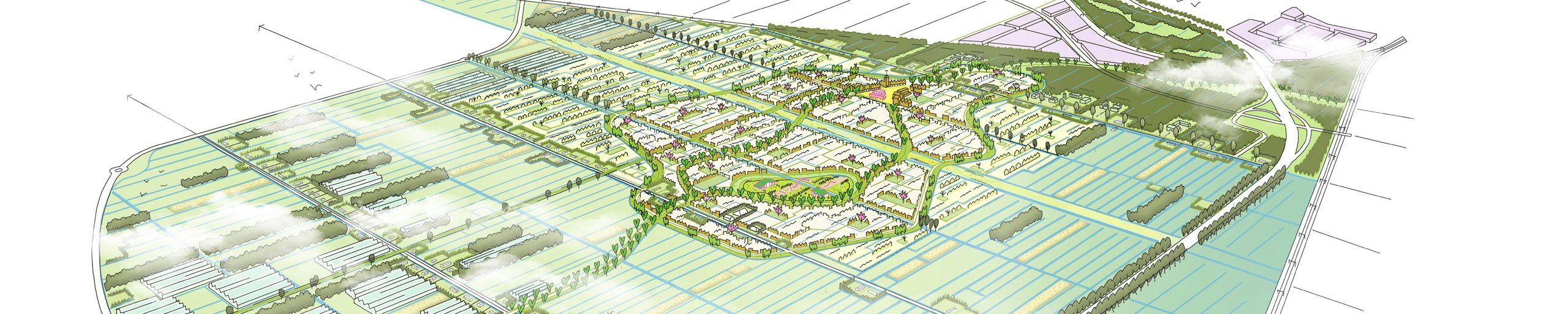 Artist impression van het nieuw te ontwikkelen Middengebied, het 5e dorp omgeven door weilanden met veel groen