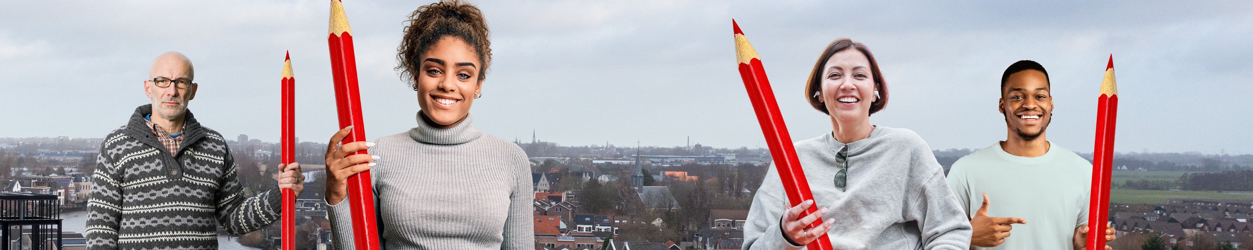 Luchtfoto van de gemeente Zuidplas met inwoners welke een overmaats stempotlood vasthouden
