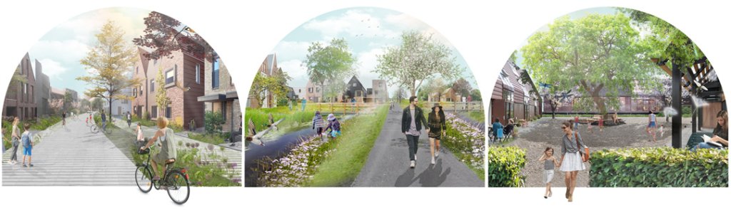Sfeer beelden van de Nieuwe Zuidplaspolder, moeder met dochter op dorpsplein en jong stel wat hand in hand in de polder wandelt